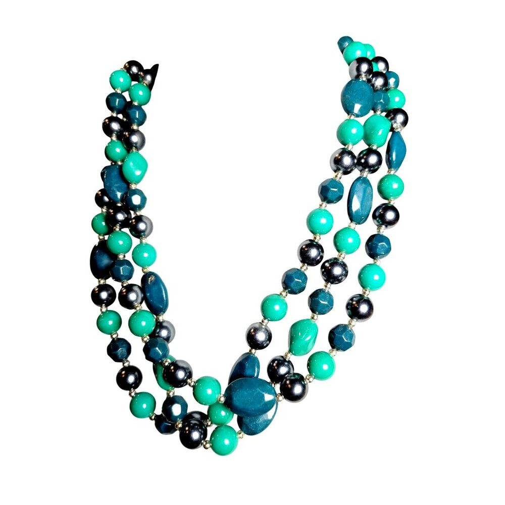 Vintage Three Strand Beaded Necklace Turquoise Ocean Blues & Greens With Lobster
